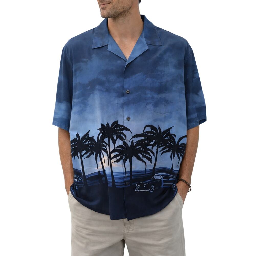 Vintage Ocean Current Hawaiian Shirt Men’s XL Blue Palm Tree Sunset Car Camp